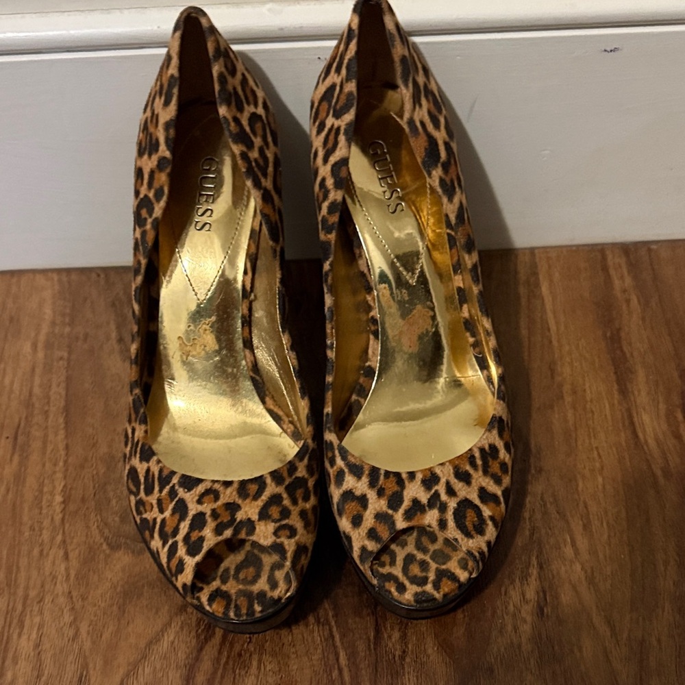 GUESS Animal Print Heels with Gold Accents